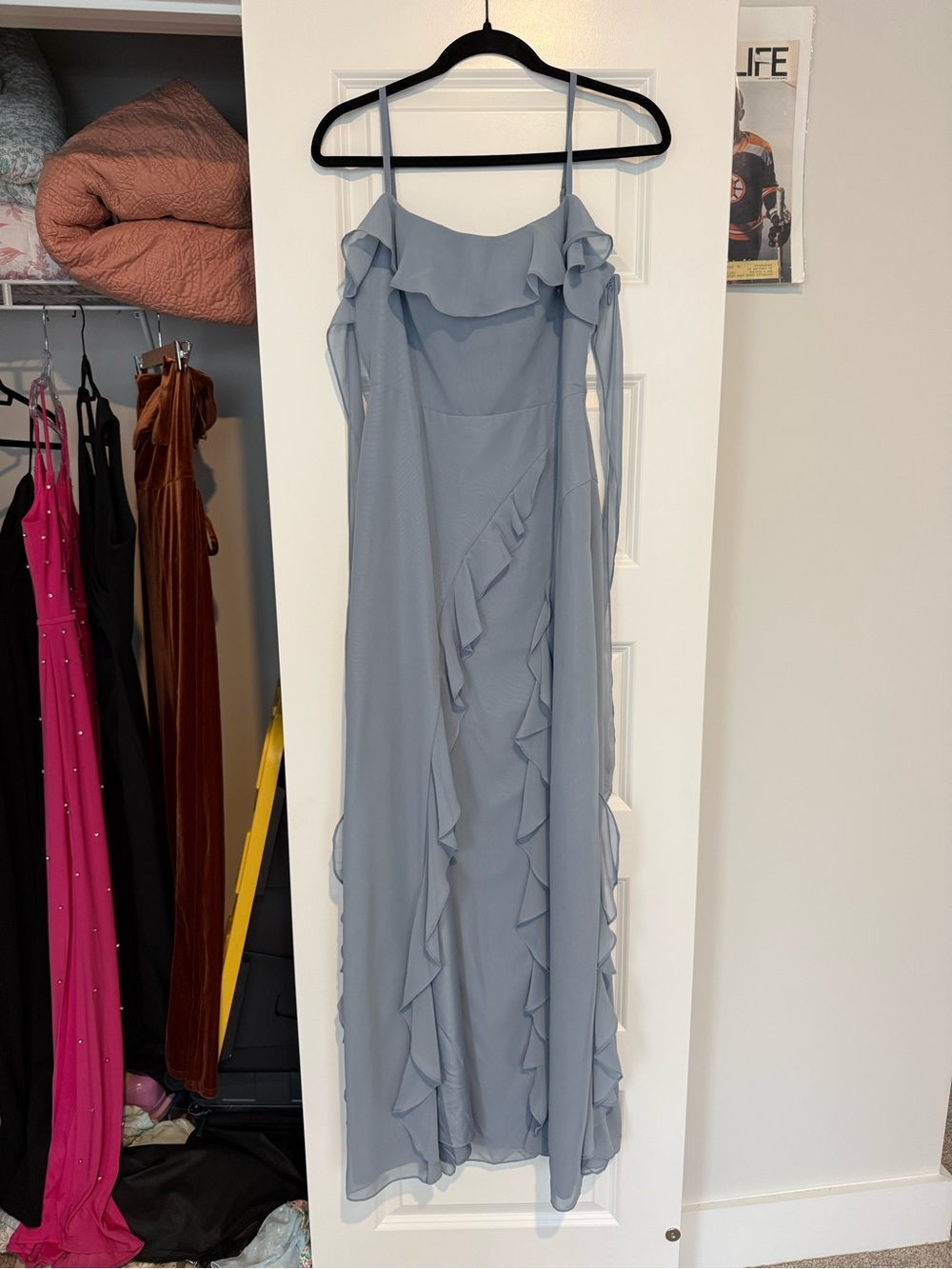 Barbie Azazie Dusty Blue Ruffle-Trim Maxi Dress with Spaghetti Straps